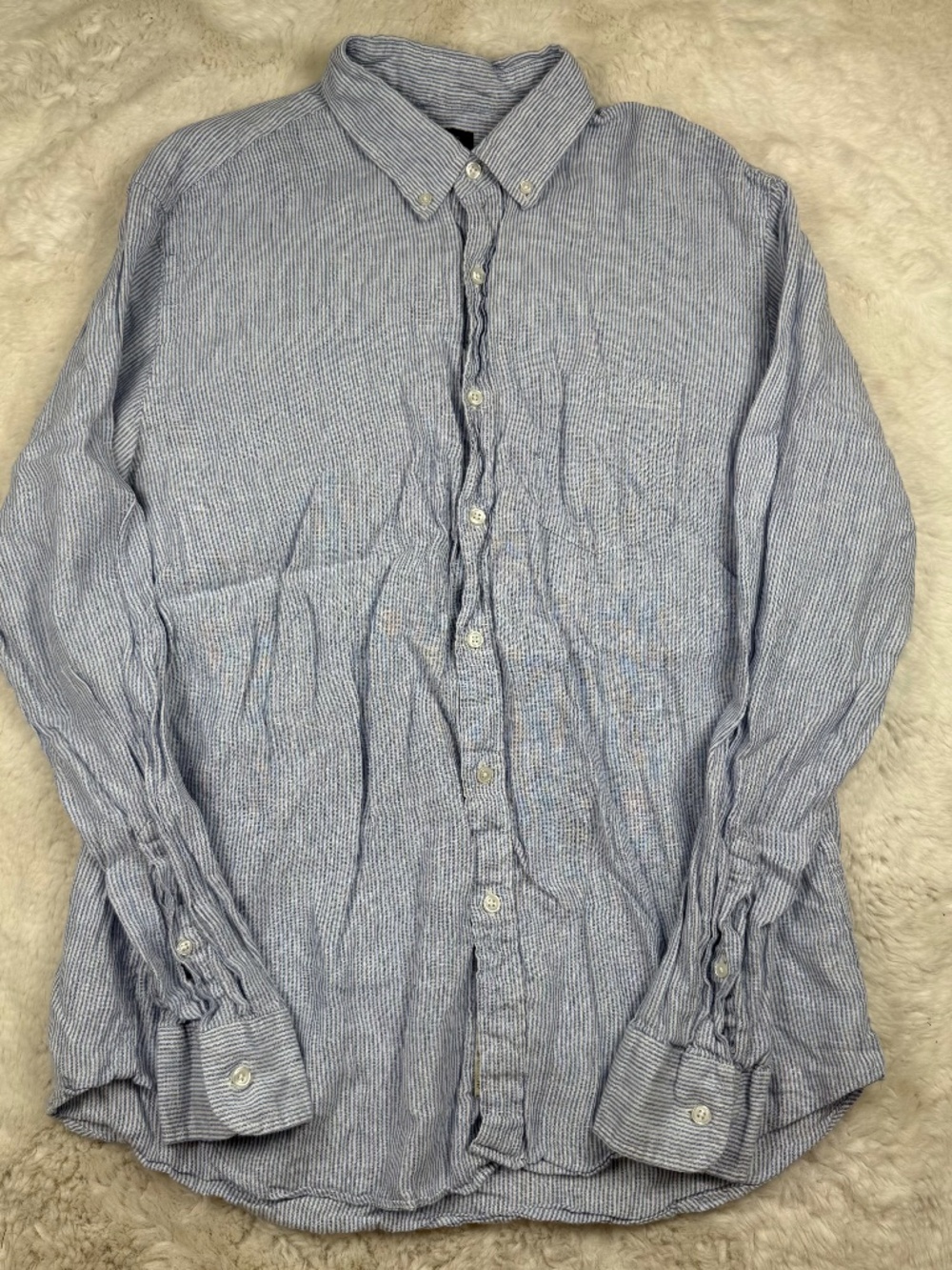 J. Crew Baird McNutt 100% Irish Linen Point Collar Pin Stripe Blue Men's Large